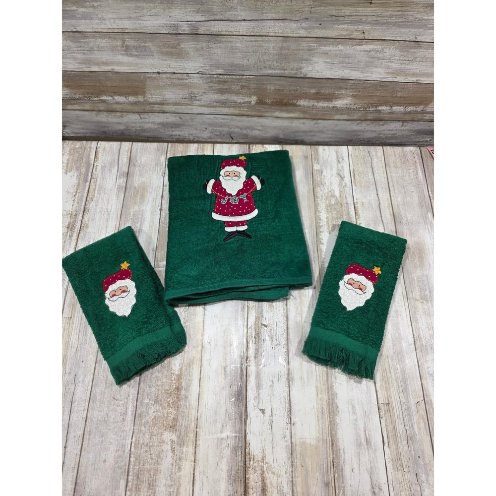 Cannon Christmas Santa Claus Green Hand Towel Set‎ 3 Piece Embroidered Fringed